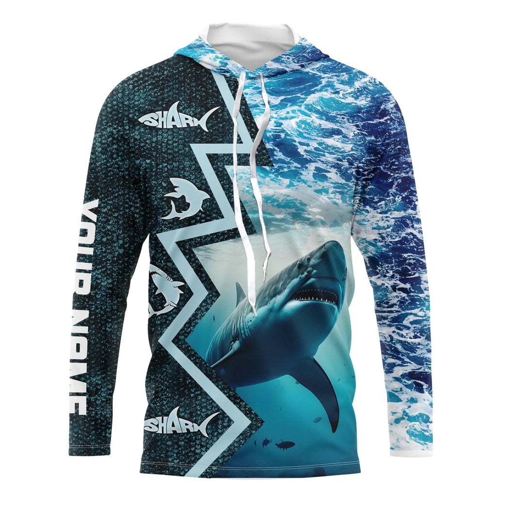 Shark Fishing Custom blue sea wave camo long sleeve performance Fishing Shirt, shark fishing jerseys NQS5042