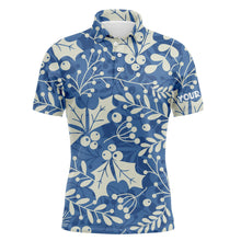 Load image into Gallery viewer, Mens golf polo shirts custom name Christmas holly leaves and berries pattern, Christmas golf gift NQS4448