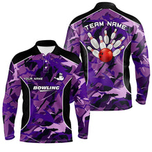 Load image into Gallery viewer, Mens polo bowling shirts Custom bowling ball and pins purple camo Bowling Team Jersey for men NQS6488
