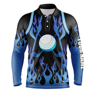 Mens golf polo shirts blue fire pattern golf clubs shirt for mens, personalized golf gifts NQS6994