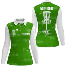 Load image into Gallery viewer, Green and white Womens disc golf polo shirt custom disc golf basket, personalized disc golf gifts NQS7251