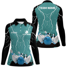 Load image into Gallery viewer, Women bowling polo shirt Custom bowling strike lightning storm thunder team league jersey | Turquoise NQS6342
