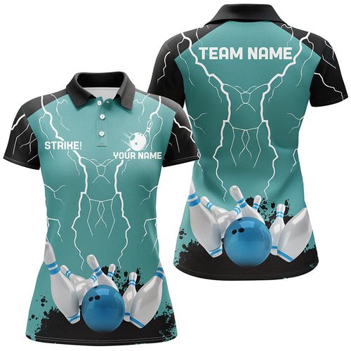 Women bowling polo shirt Custom bowling strike lightning storm thunder team league jersey | Turquoise NQS6342