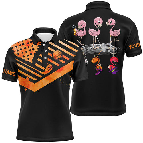 Funny black mens golf polo shirts orange American flag custom name Halloween Flamingo golf friends NQS6350