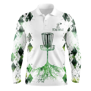 Watercolor green argyle pattern white Mens disc golf polo shirts custom disc golf disc golf shirt NQS7297