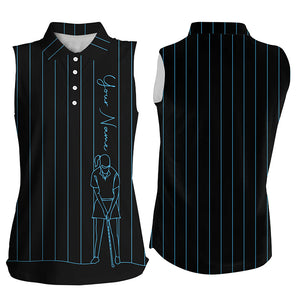 Personalized golf sleeveless polo shirt for women custom blue stripes black golf tops gifts for girl NQS7308