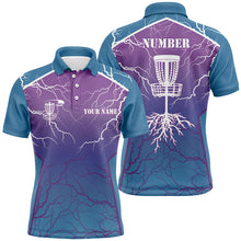 Load image into Gallery viewer, Blue &amp; purple Mens Disc golf polo shirt lightning thunder custom disc golf jerseys, disc golf shirt NQS7318