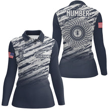Load image into Gallery viewer, Womens disc golf polo shirt custom name, number camo disc golf jersey, ladies disc golf apparel | Blue NQS6436
