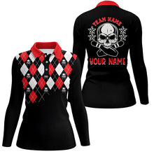 Load image into Gallery viewer, Black red argyle pattern bowling skull custom bowling polo shirts for women, bowling jerseys NQS6916