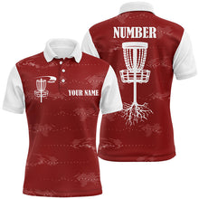 Load image into Gallery viewer, Red and white Mens disc golf polo shirts custom disc golf basket, personalized disc golf gifts NQS6758