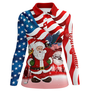 Christmas Santa American flag patriotic custom Women golf polo shirts, Xmas US flag golf shirts ladies NQS6780