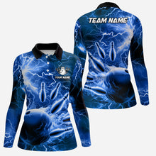 Load image into Gallery viewer, Womens polo bowling shirts Custom blue lightning thunder Bowling Team Jersey, gift for team Bowlers NQS6582