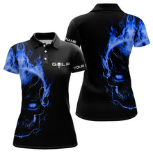 Load image into Gallery viewer, Blue fire skull black golf shirts custom Women golf polo shirt, ladies golf tees NQS6387