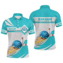 Load image into Gallery viewer, Cyan blue Bowling Polo Shirts For Men Custom camo flame bowling ball pins Team League Jerseys NQS6733