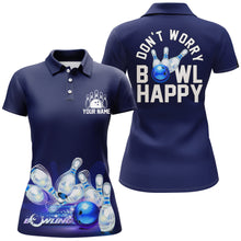 Load image into Gallery viewer, Custom Bowling Shirt for Women, Don't Worry Bowl Happy, Blue Bowling Polo Jersey Ladies Girl Bowler NBP165